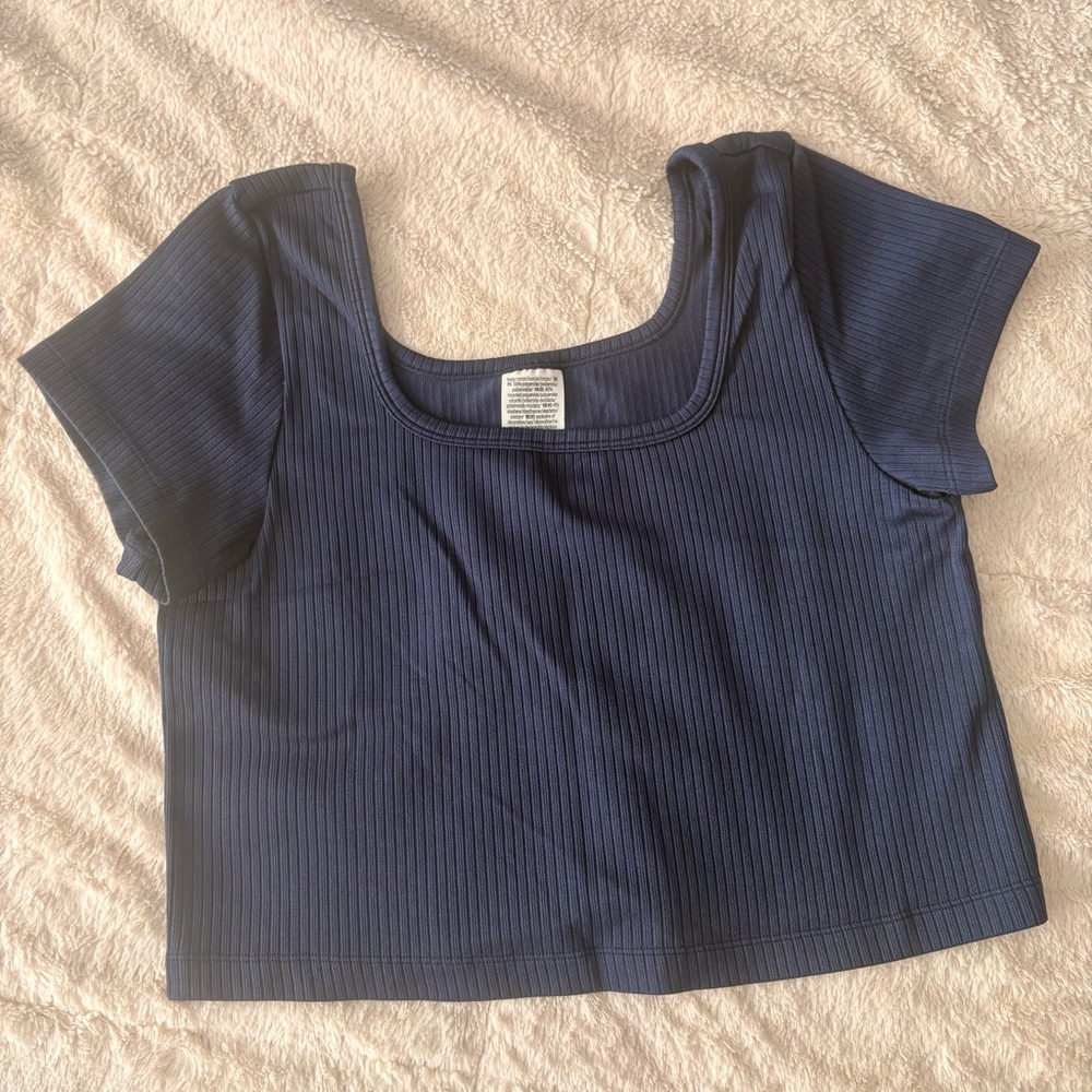 PINK Victoria’s Secret Navy Blue Ribbed Crop Top & Foldover Cotton Leggings Set - Picture 2 of 8
